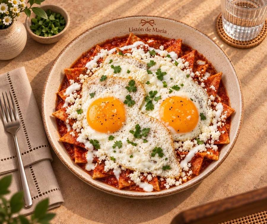 Chilaquiles rojos con huevo estrellado y queso