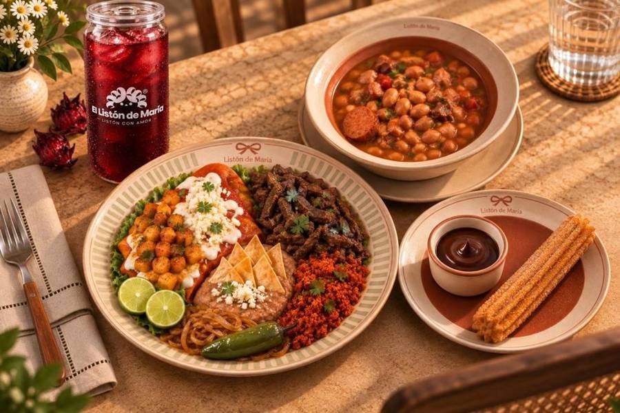 Mesa con parrillada, enchiladas, frijoles charros y agua de María